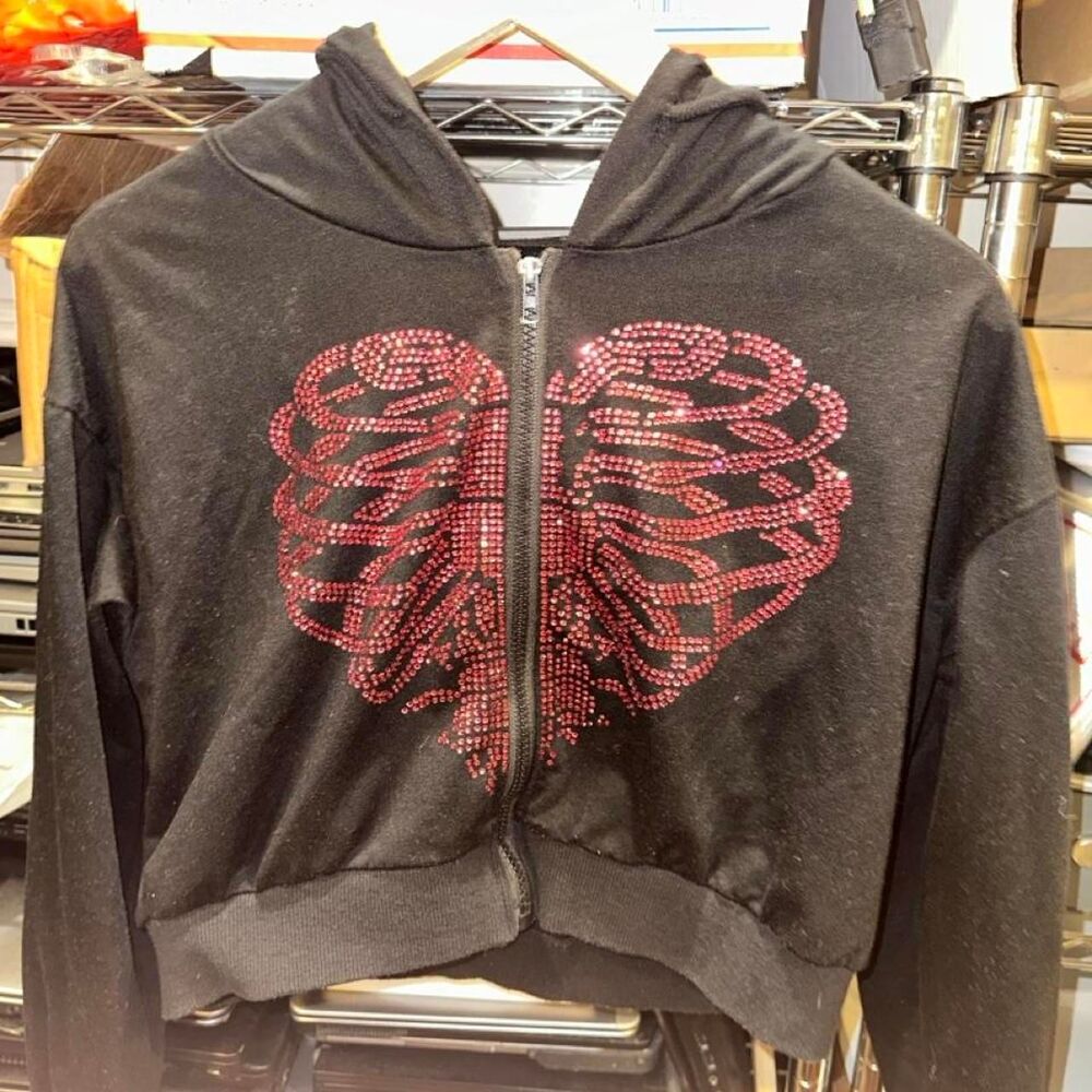 Romwe Halloween Women's multi Hoodie Sweater Ribs Skeleton Heart Sweater Cropped